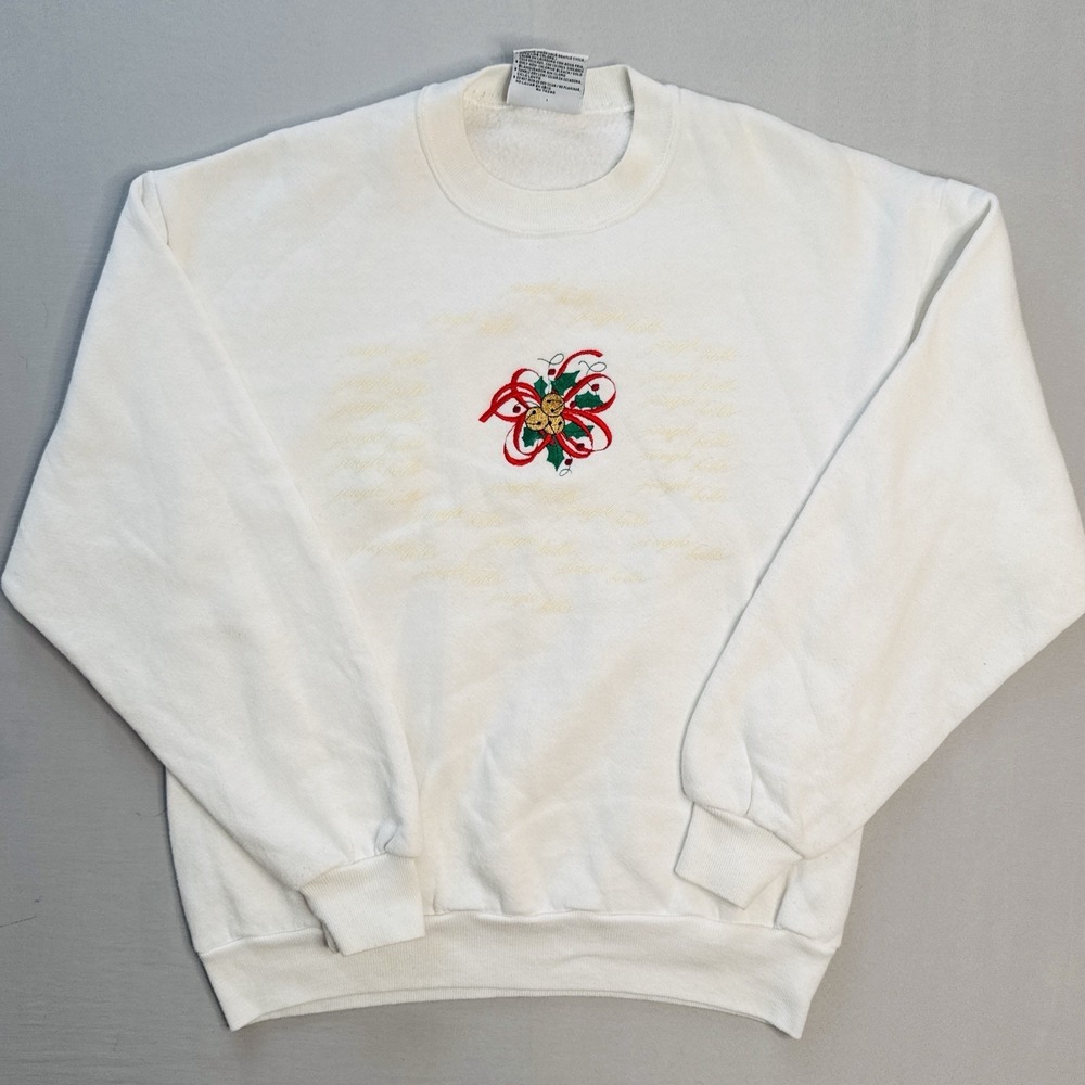 Vintage 90s Christmas Crewneck Sweatshirt USA Made Bells Ribbon Embroidered M